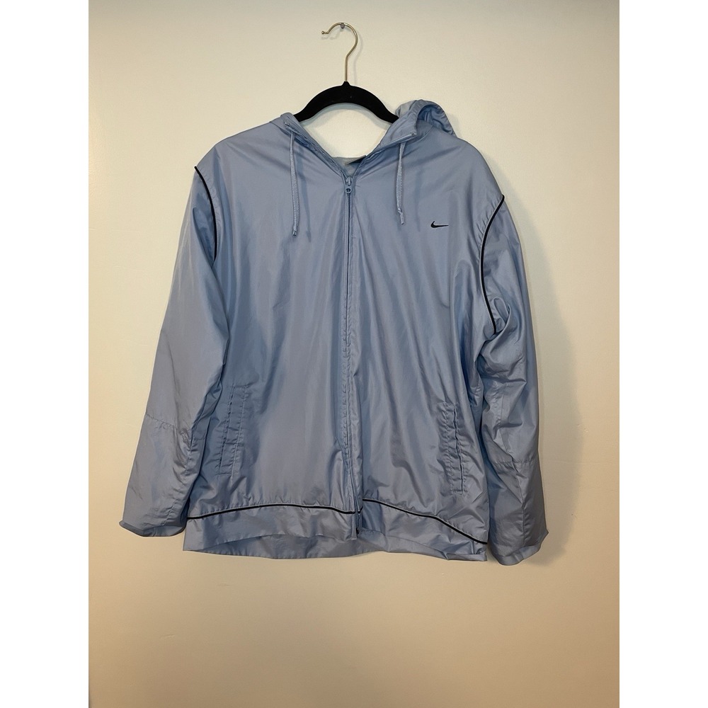 Nike Running Windbreaker Jacket Womens Large Blue Full Zip Lightweight Hood Y2K